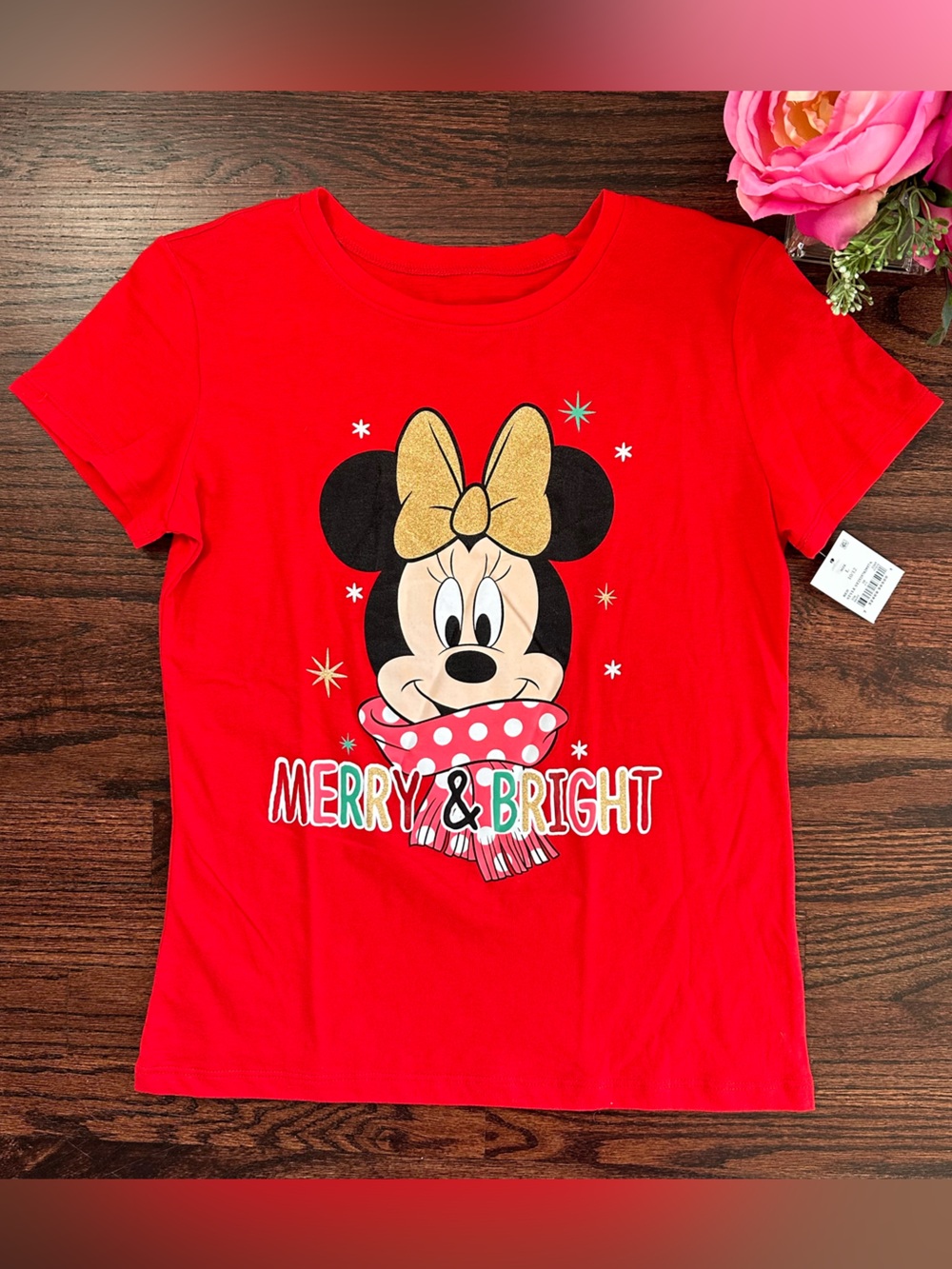 NWT Disney’s Minnie Mouse Merry & Bright short sleeved tee, size L/10-12